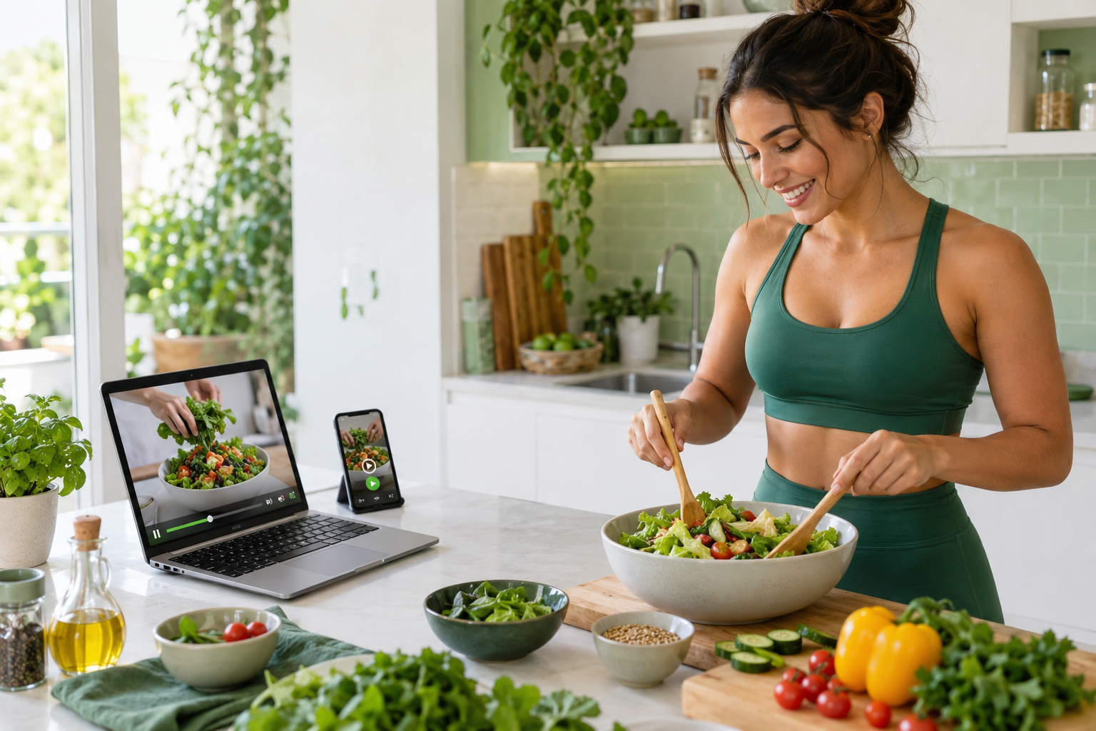 Cena ilustrativa de uma mulher em roupa fitness acompanhando um vídeo de receita na cozinha