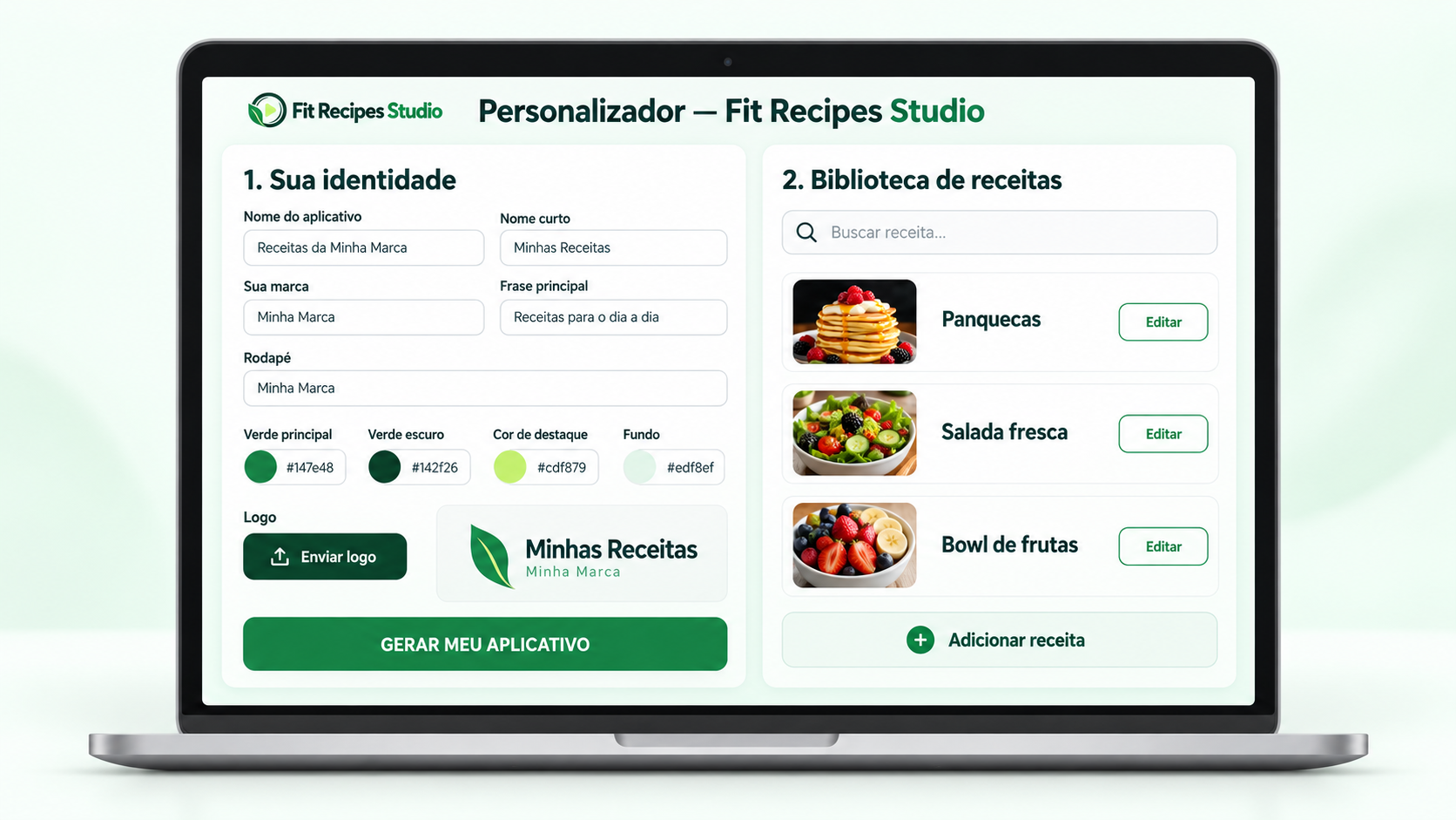 Ilustração da personalização do Fit Recipes Studio, com opções de nome, logo e cores da marca